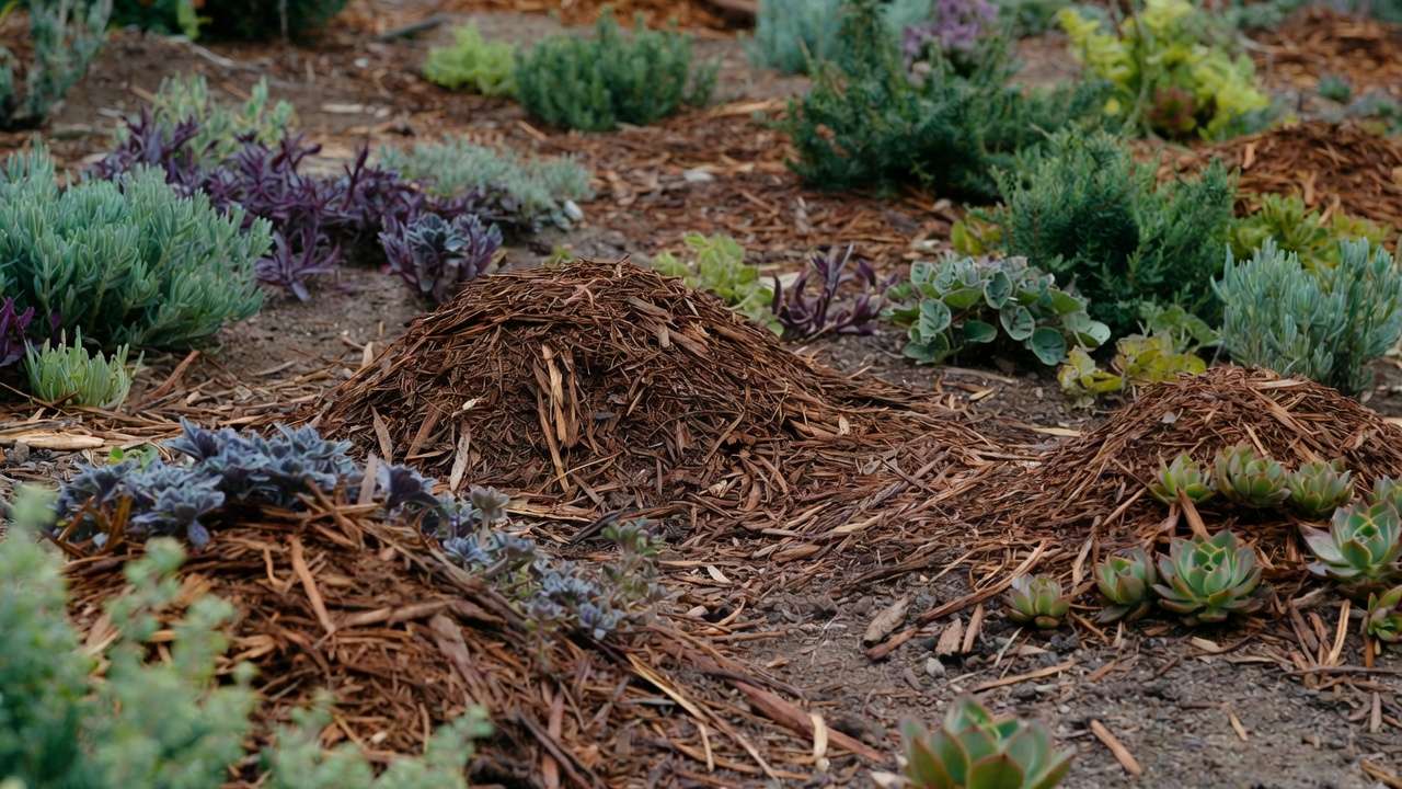 Thick organic mulch layer in xeriscape bed for moisture retention, weed control, and sustainable low-maintenance landscaping