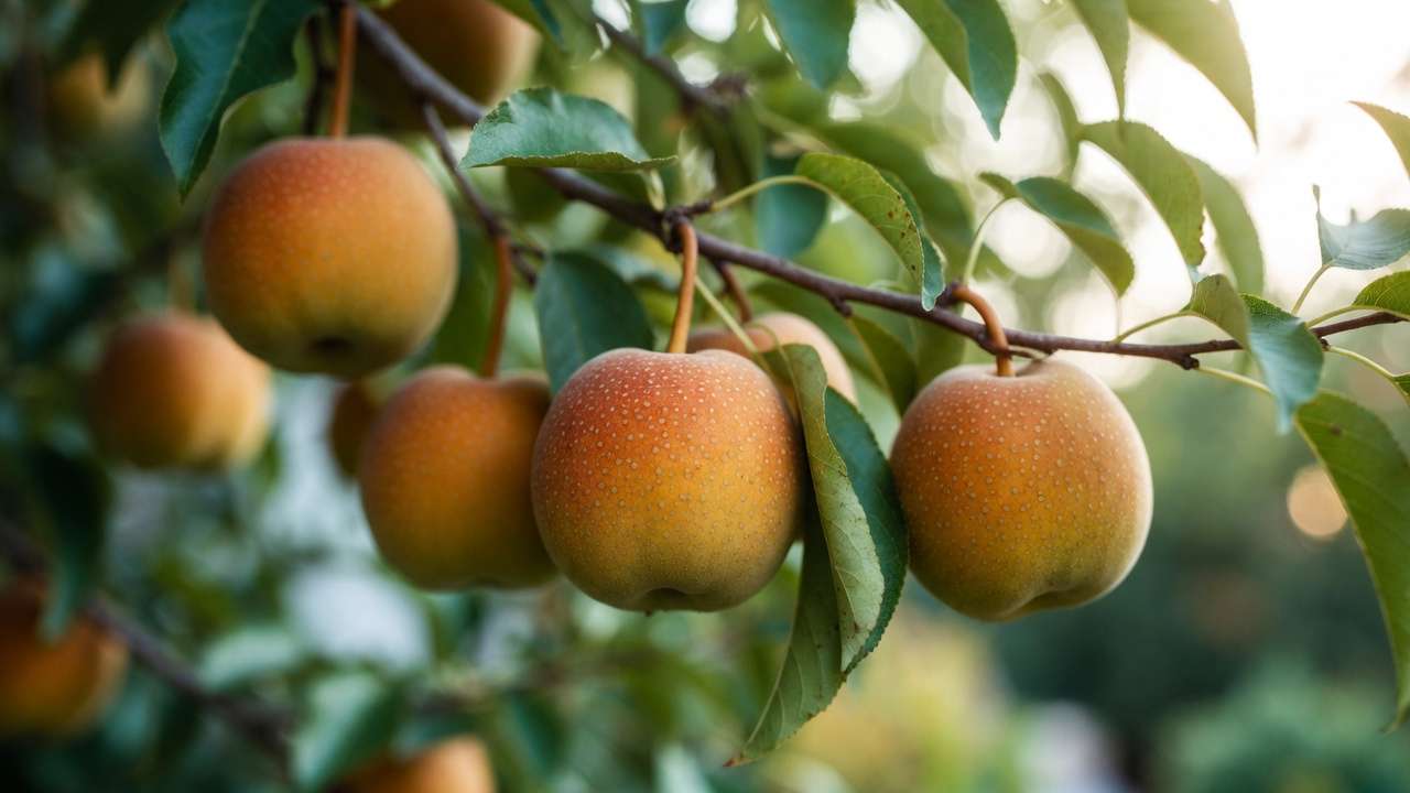 Bronze Shinko Asian pears ripening on tree branch