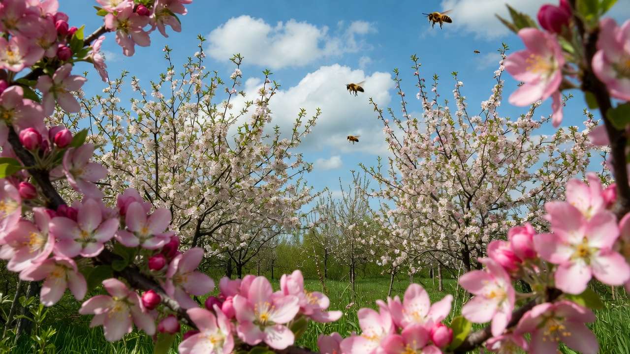 Bee pollinating blooming fruit trees in spring orchard for better fruit production