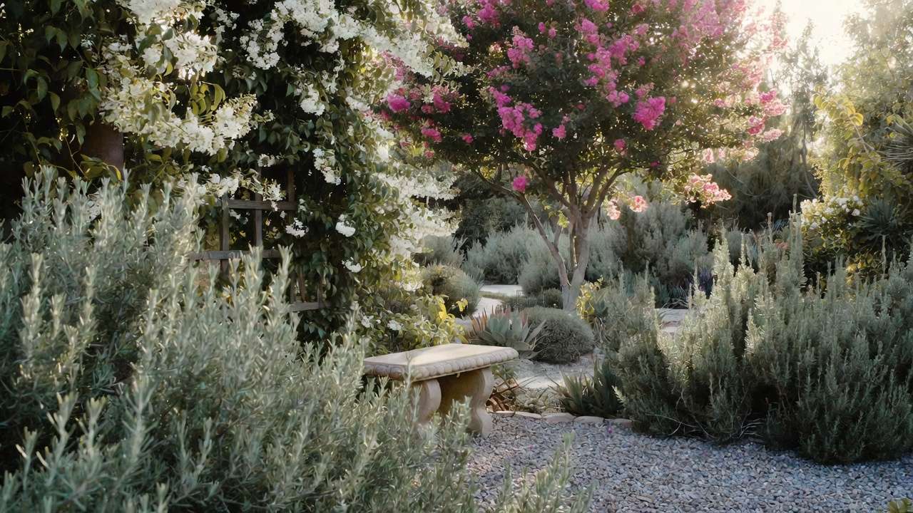 Relaxing backyard xeric oasis with bench, rosemary, crape myrtle, jasmine, and gravel – low-maintenance water-wise design