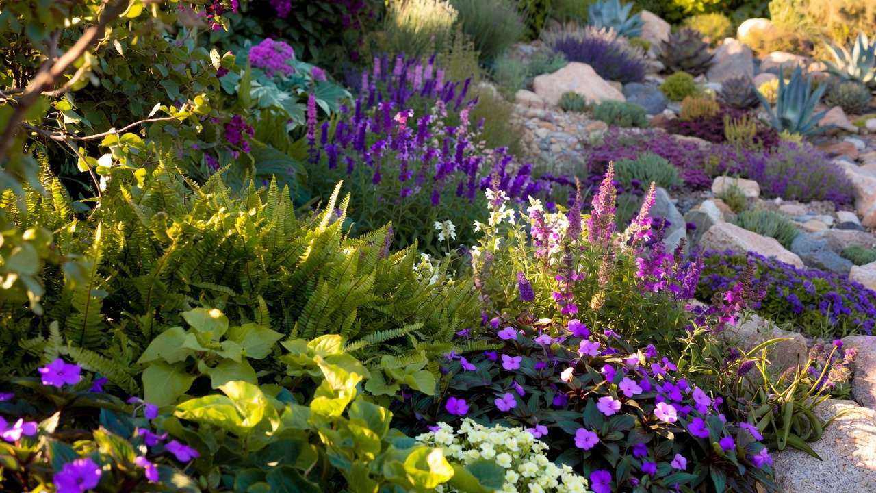 Beautiful hydrozoned garden design with natural transitions between high, medium, and low water plant zones