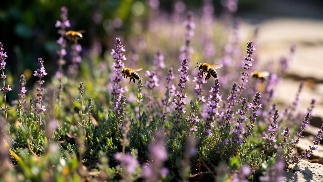 Blooming creeping thyme groundcover with pollinating bees as a fragrant water-wise lawn replacement