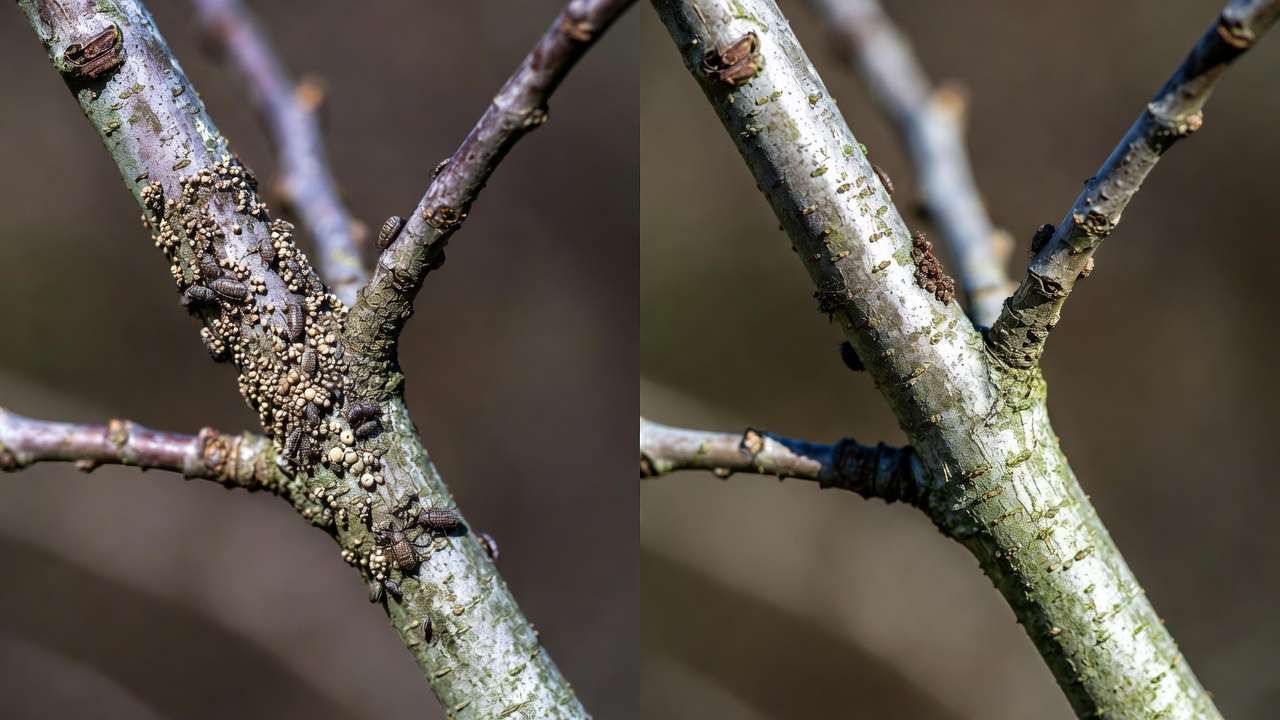 Before and after dormant oil spray on fruit tree branch showing pest reduction
