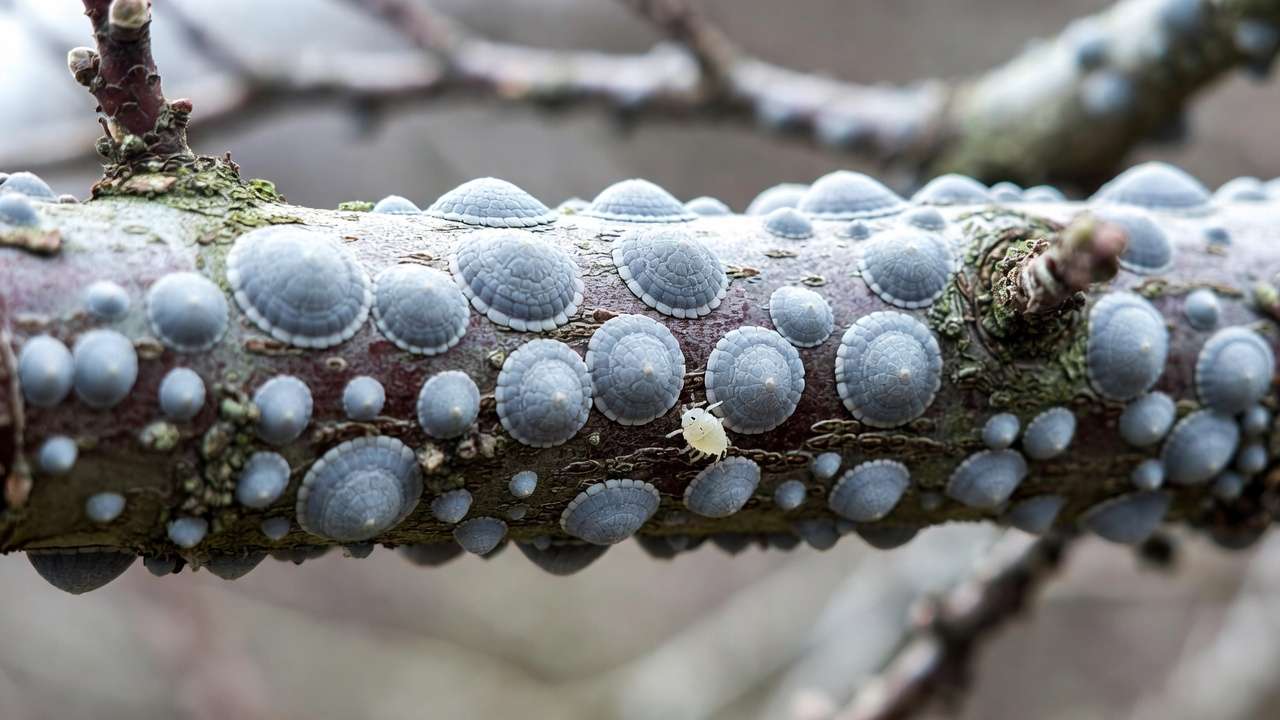 San Jose scale infestation on fruit tree branch before dormant oil treatment