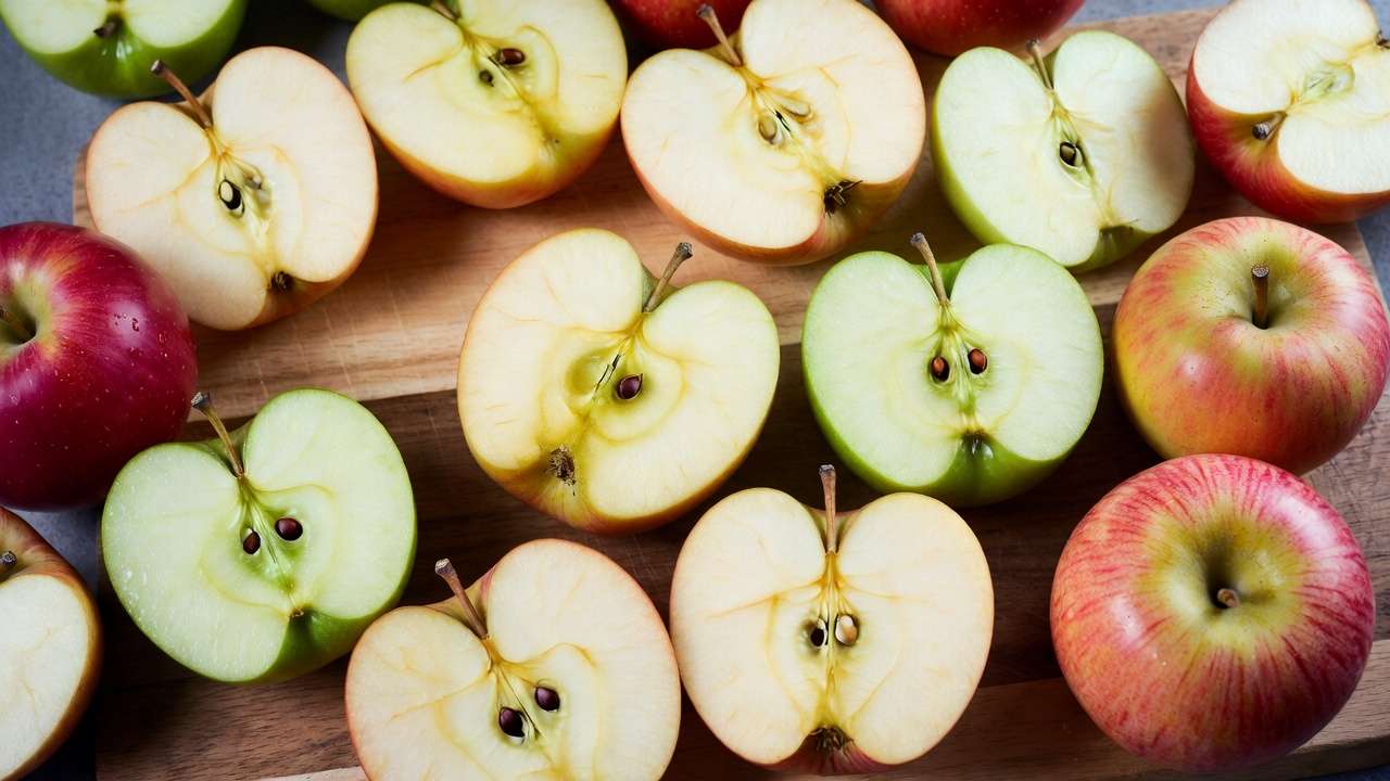 Cross-sections of various homegrown apple varieties showing flesh and seeds for cider blending.