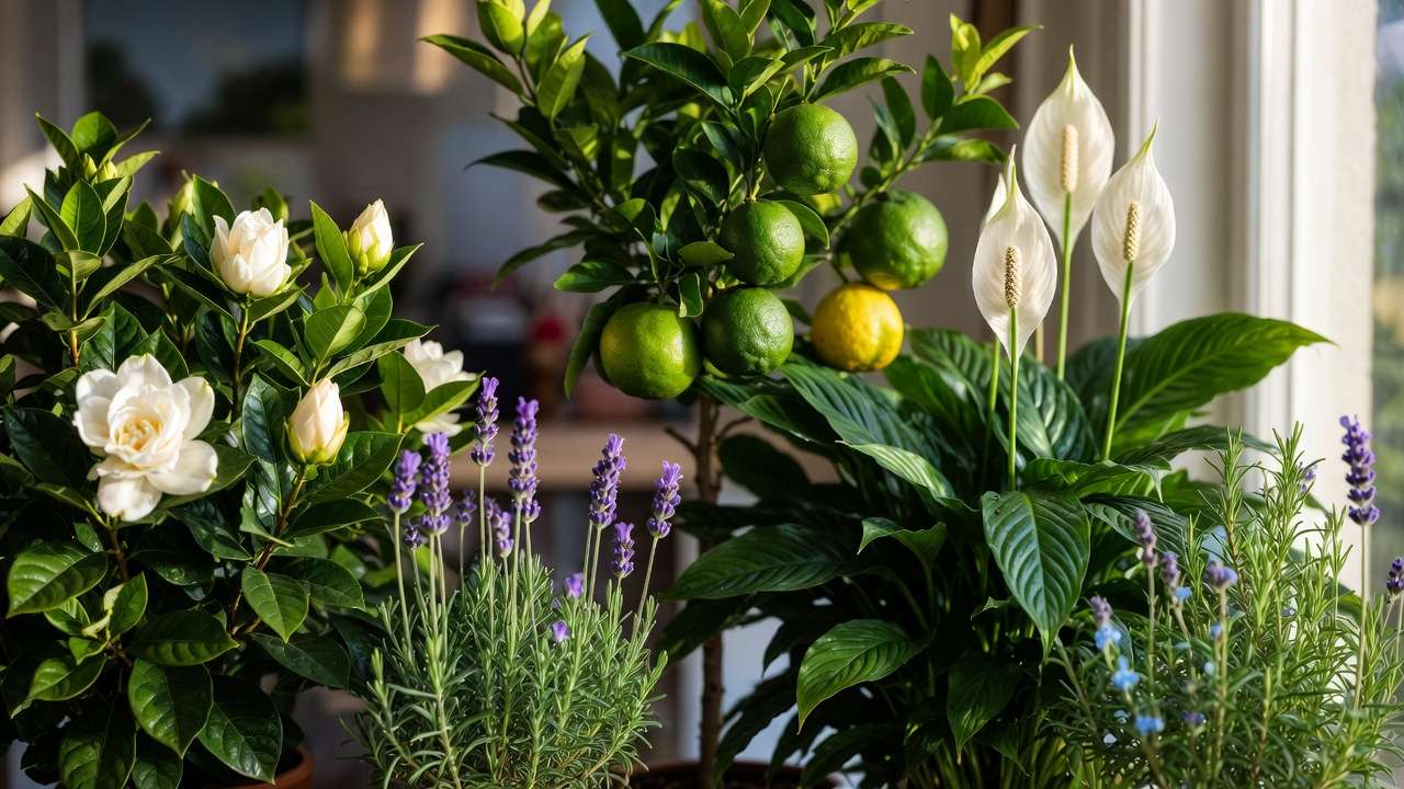 Collection of aromatic indoor plants like peace lily, gardenia, lavender, rosemary, and citrus on a sunny windowsill for natural home wellness