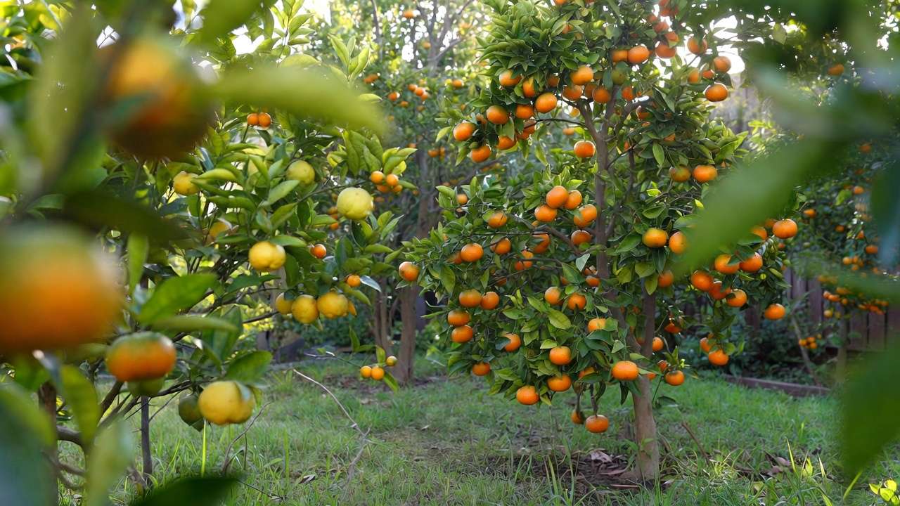 Cold-hardy citrus trees like satsuma mandarins and Meyer lemons thriving in a sunny backyard garden for zone-specific growing
