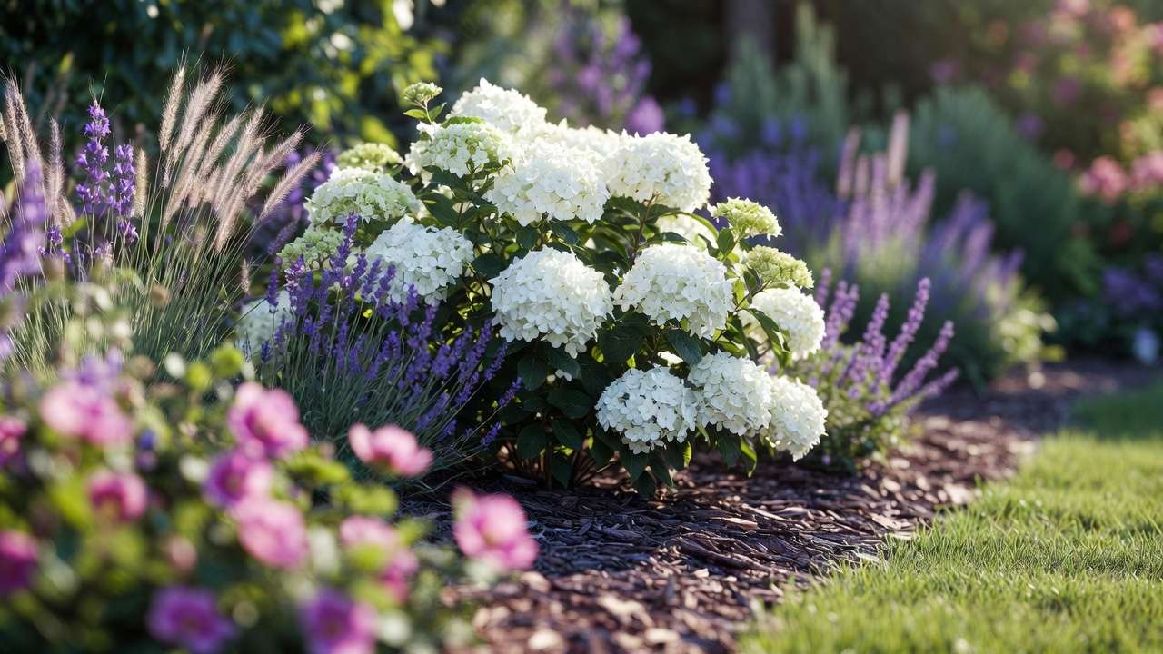 Dwarf hydrangea Bobo with white blooms paired with lavender in a low-maintenance small yard shrub border