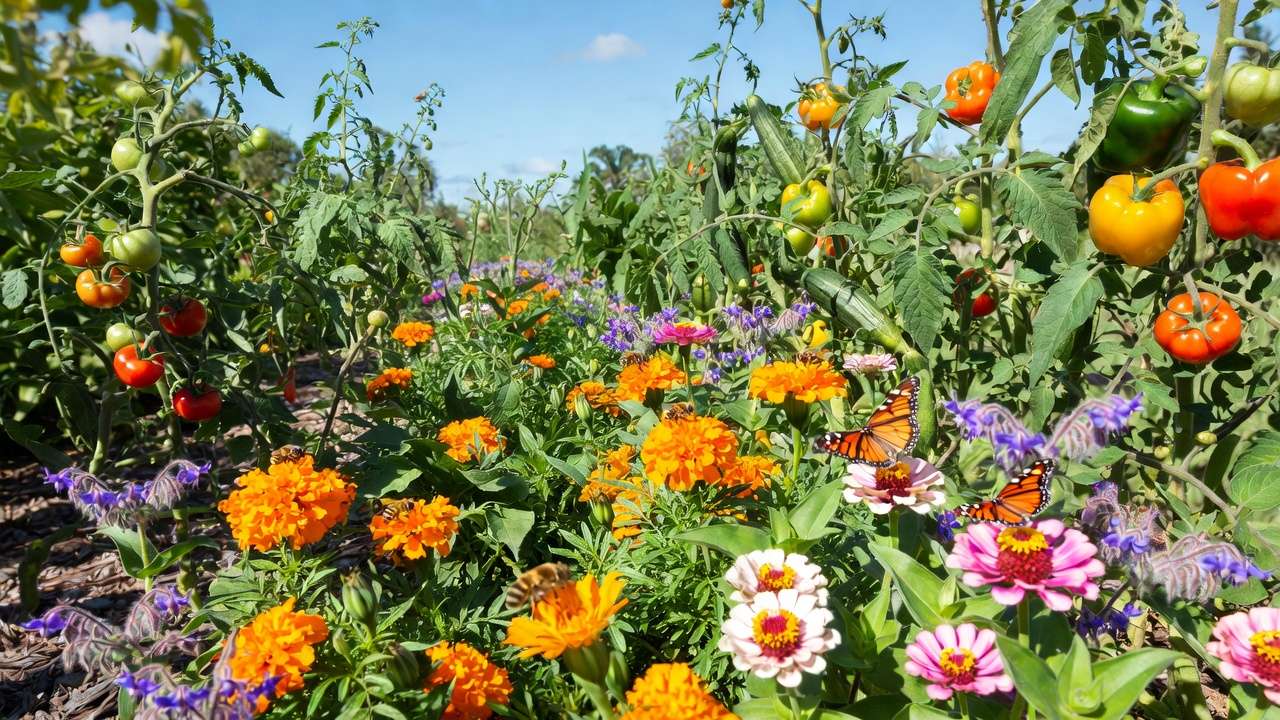 Vibrant companion planting garden with marigolds, zinnias, borage and basil attracting bees to tomatoes and peppers