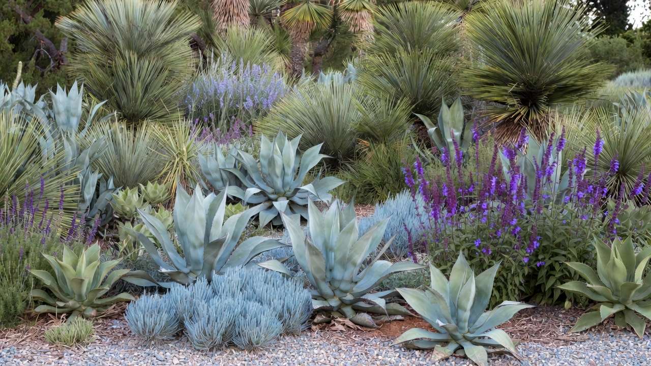 Agave and yucca paired with companion grasses and flowers in drought-tolerant garden