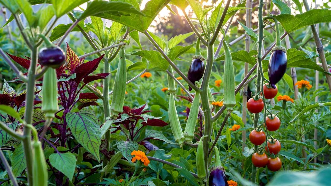 Healthy tropical vegetables in community garden plot including okra brinjal tomatoes yardlong beans and leafy greens