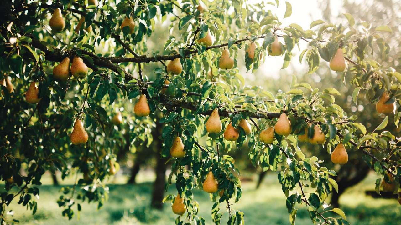 Ripe pears on healthy, fire blight-resistant tree branches in a thriving home orchard