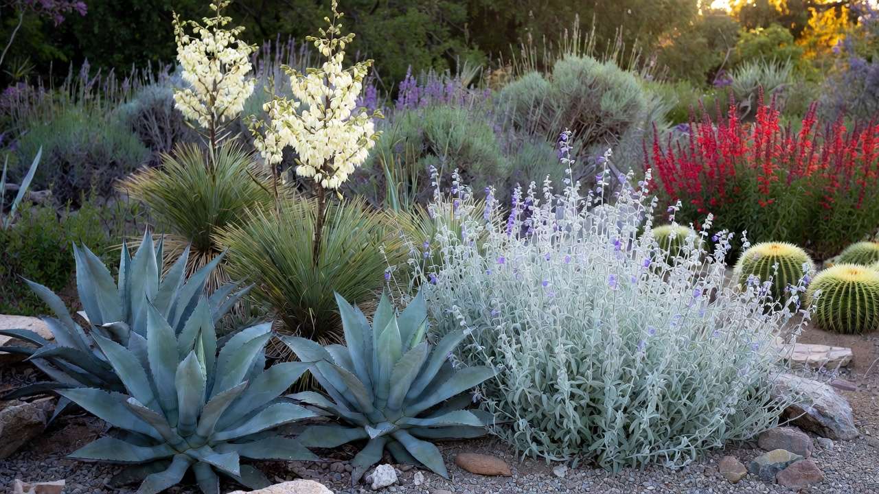 Drought-tolerant plants including agave, yucca, Russian sage, salvia, and lavender thriving in a semi-arid garden