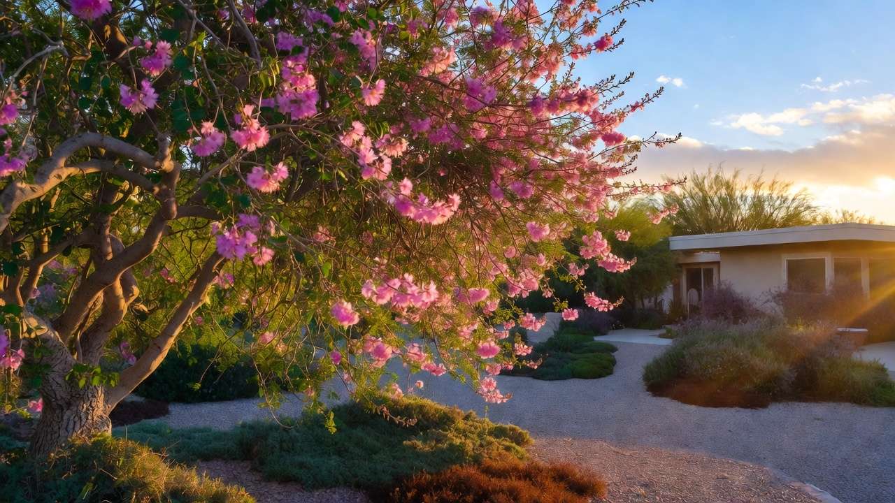 Blooming desert willow tree in a beautiful drought-tolerant xeriscape front yard