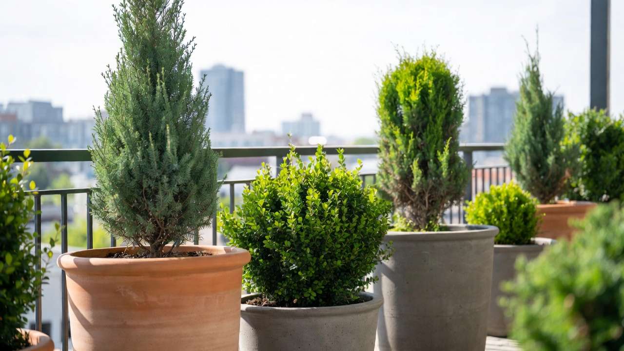 Lush evergreen shrubs thriving in large pots on a sunny balcony including dwarf Alberta spruce, boxwood, and Mugo pine