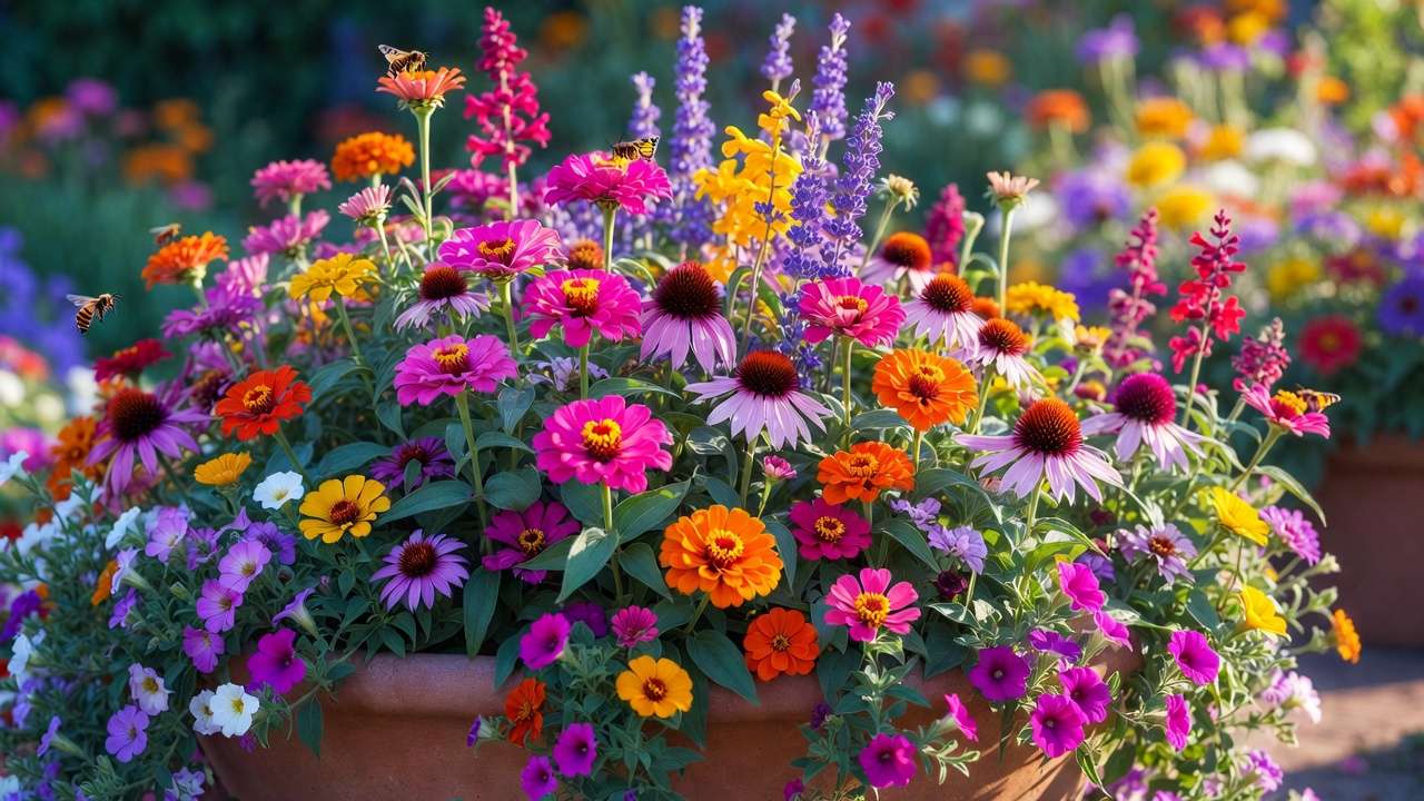 Mixed vibrant flowers in raised bed including zinnias, coneflowers, marigolds, and lavender