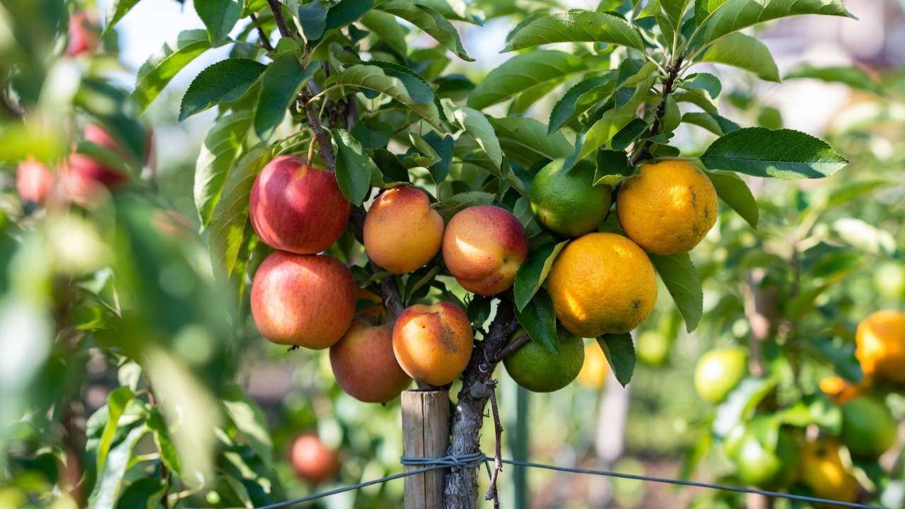 Multi-grafted fruit tree with apples, peaches, oranges, and limes growing together on one tr