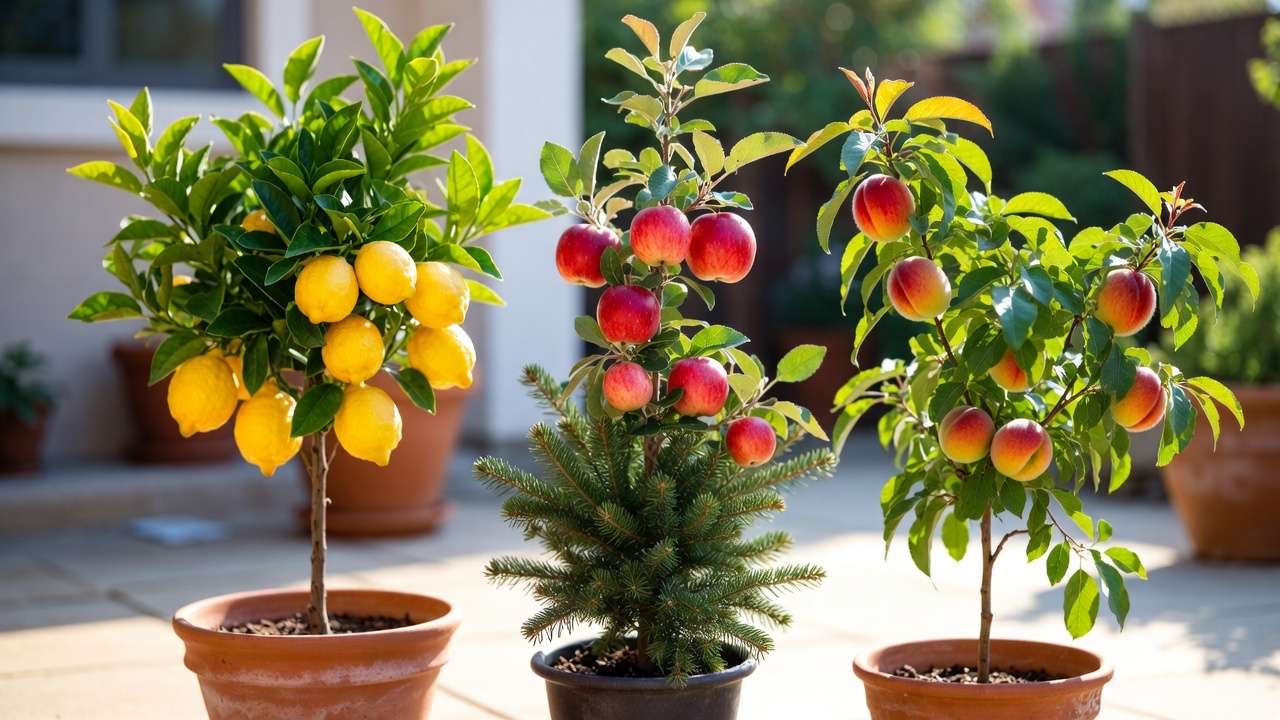 Selection of dwarf fruit trees including Meyer lemon, columnar apple, and peach in containers