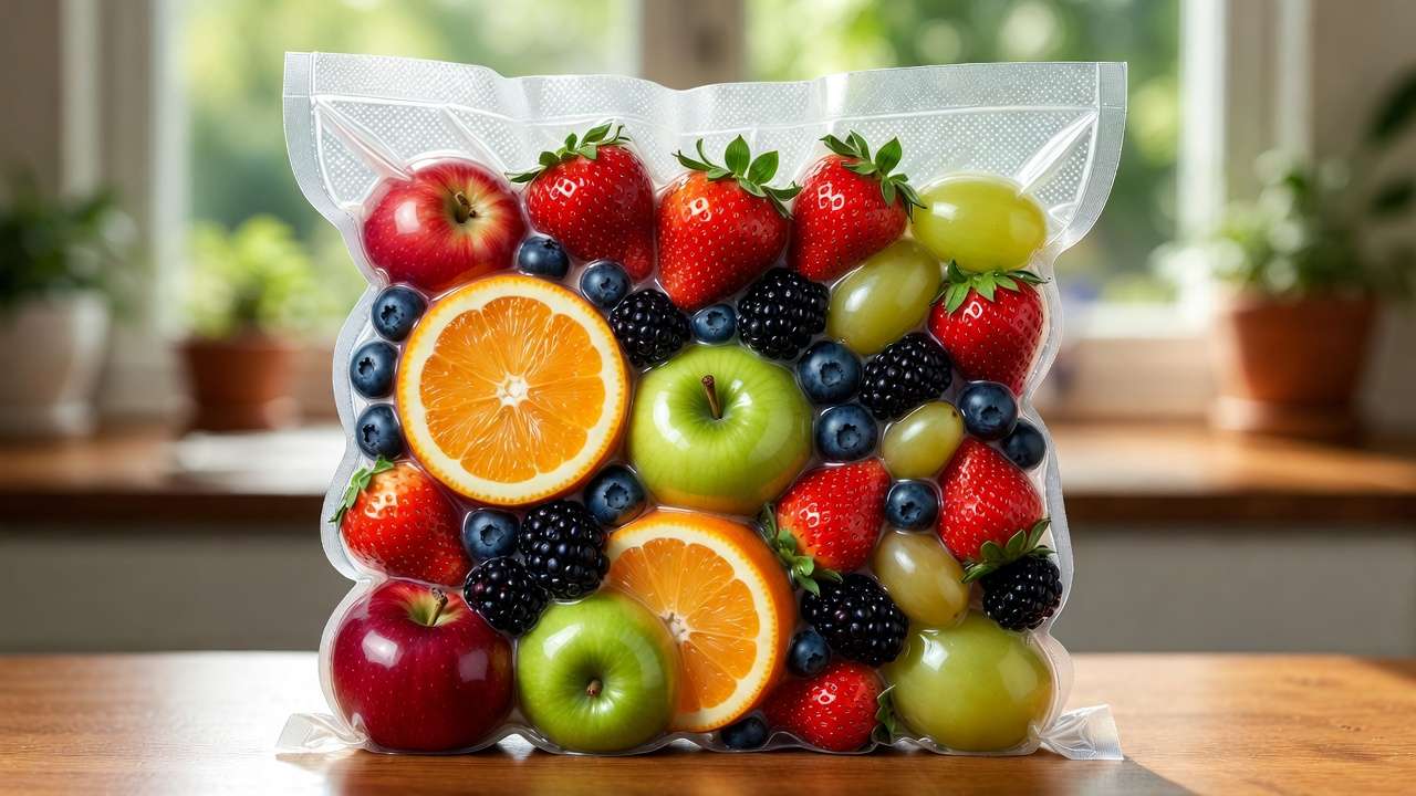 Vacuum-sealed bag of fresh homegrown mixed fruits including apples berries citrus and grapes for long-term preservation