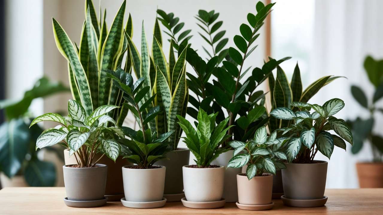 Forgiving houseplants like snake plant and ZZ plant thriving in low-airflow indoor conditions.