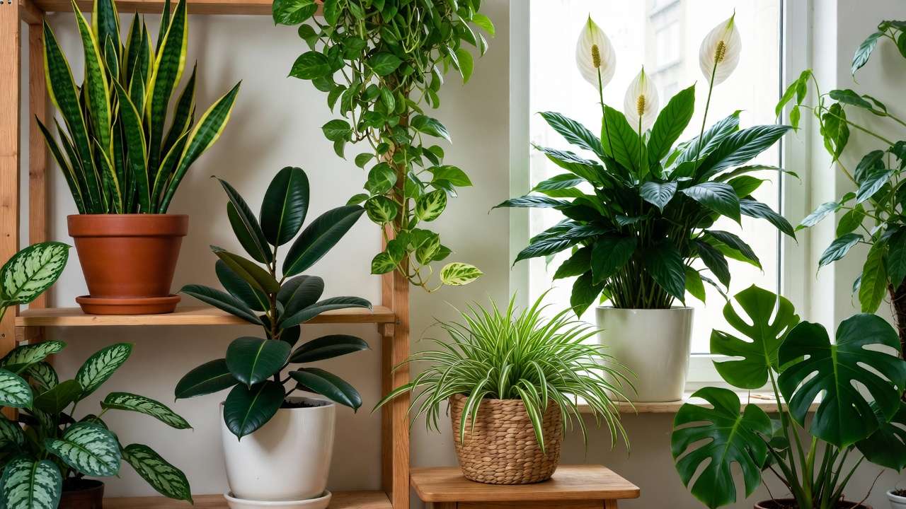 Collection of best indoor plants for mental health including snake plant, pothos, peace lily, and spider plant in bright home setting