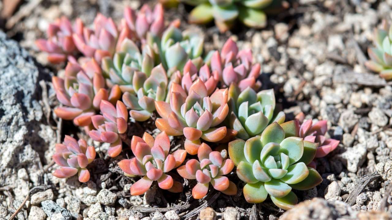 Drought-tolerant sedum and hens-and-chicks succulents as low-maintenance perennials in a small yard rock garden