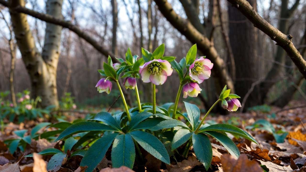 Helleborus Lenten rose blooming in winter dry shade under trees