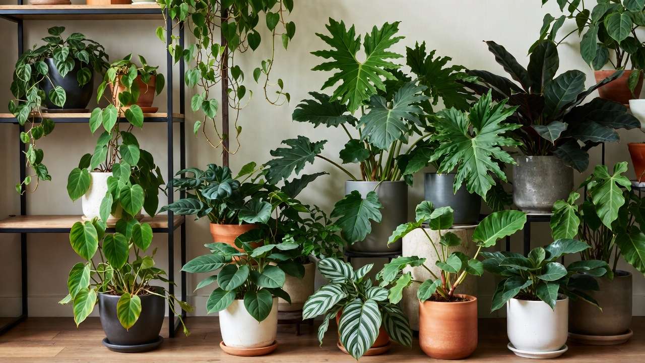 Collection of best air-purifying philodendron varieties like heartleaf, Selloum, and elephant ear in modern indoor display.