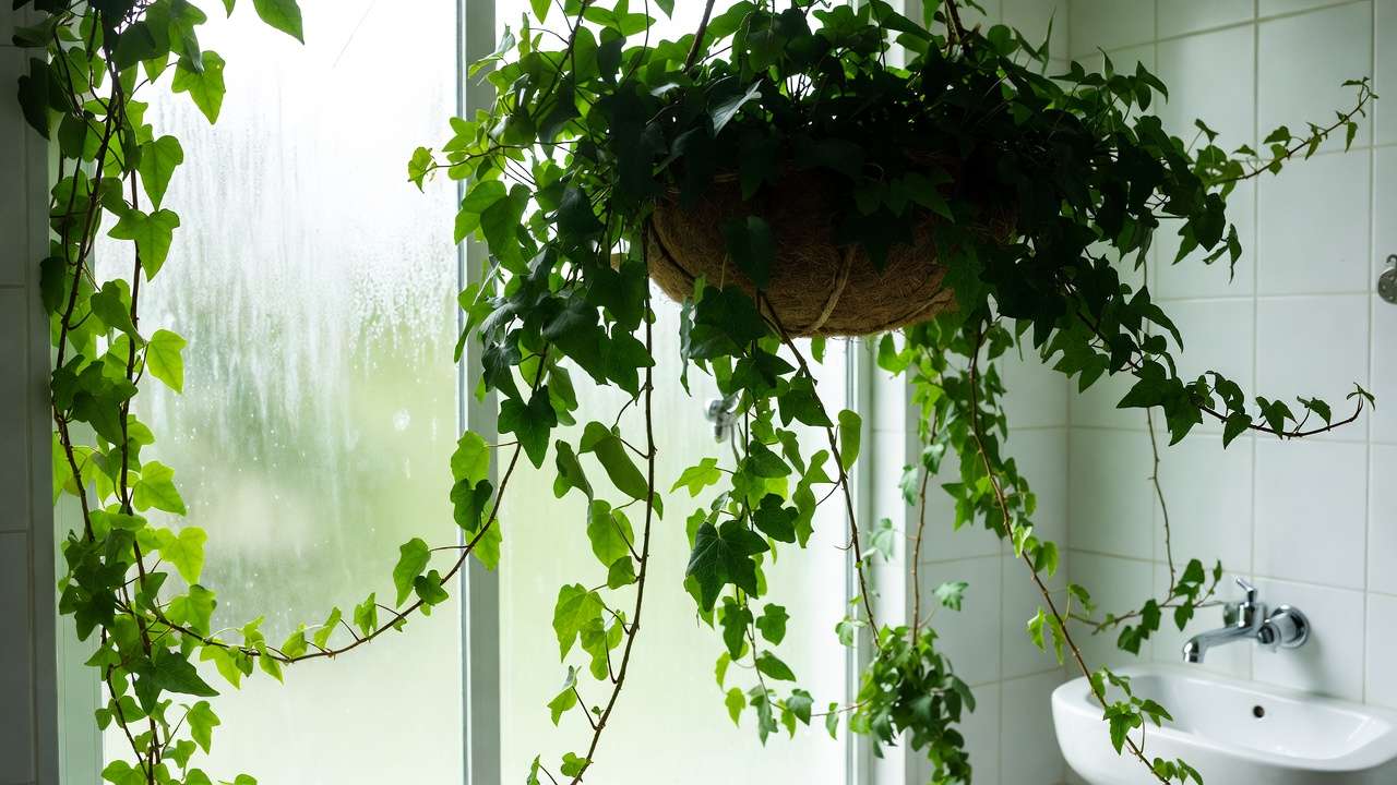 Lush English ivy hanging in a modern bathroom for natural air purification and mold reduction.