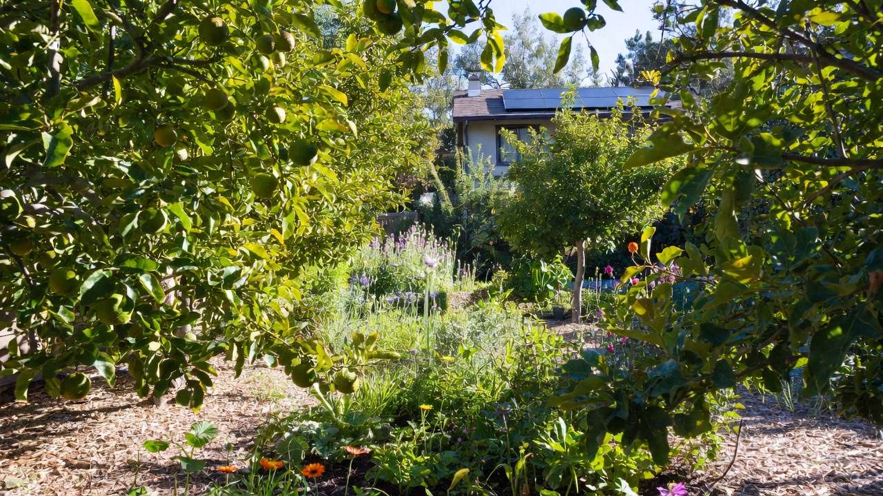 Thriving fruit trees and shrubs in a residential greywater-irrigated landscape with mulch basins for sustainable watering