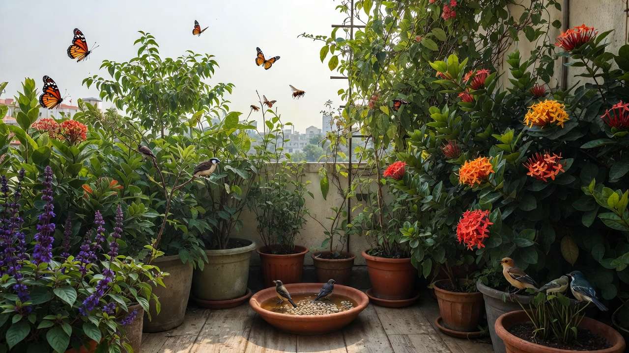lush small balcony wildlife habitat with native plants curry tree ixora holy basil butterflies birds and birdbath