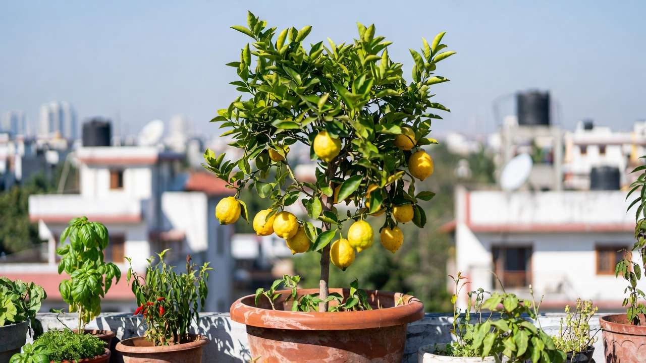 Dwarf lemon tree with ripe fruits growing in pot on urban rooftop garden in Dhaka