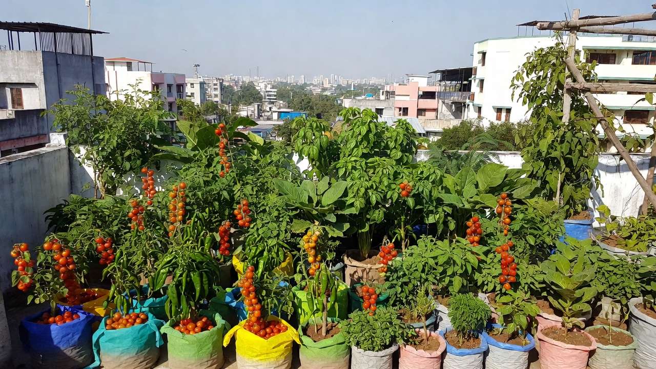 Vibrant container rooftop garden in Dhaka with tomatoes, chilies, basil, and leafy greens thriving in urban setting