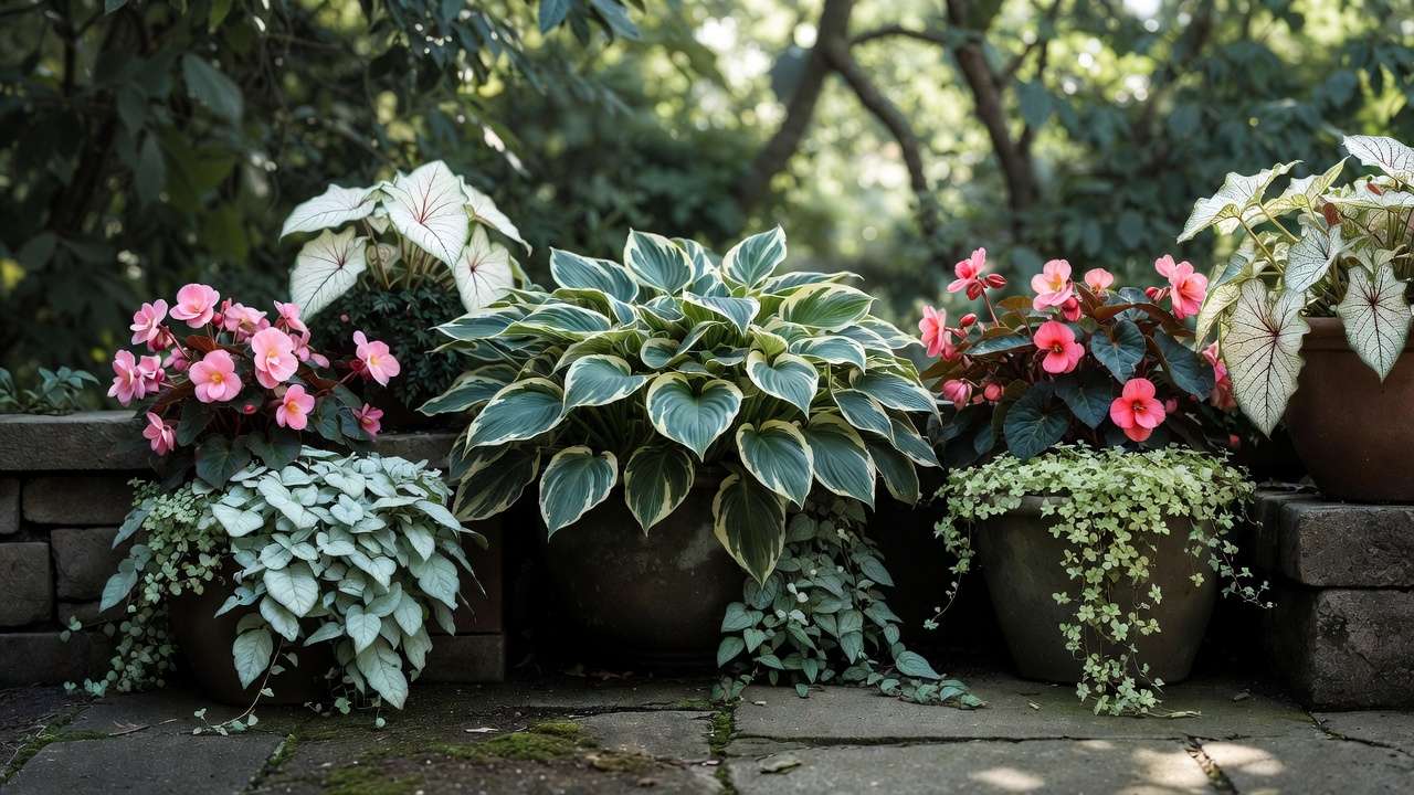 Shade-loving container plants including hosta, begonia, caladium, and dichondra in balcony pots