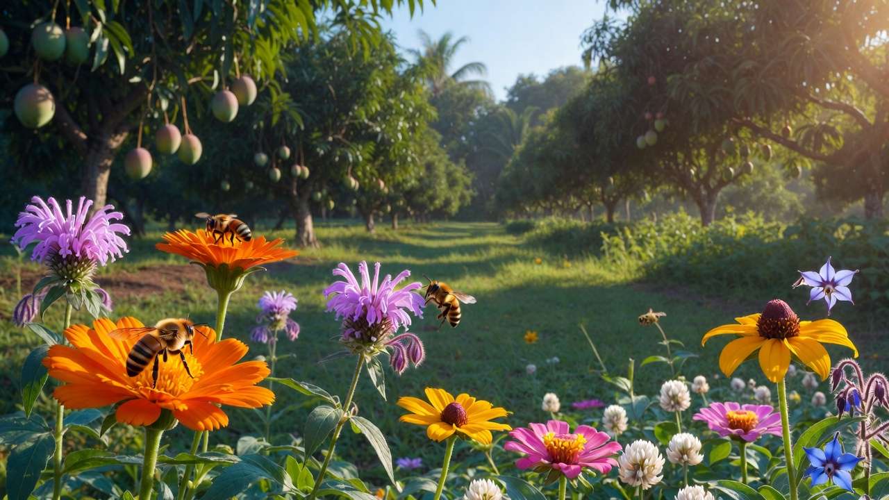Colorful pollinator-friendly flowers blooming vibrantly along the edge of a tropical mango and litchi orchard with busy bees foraging