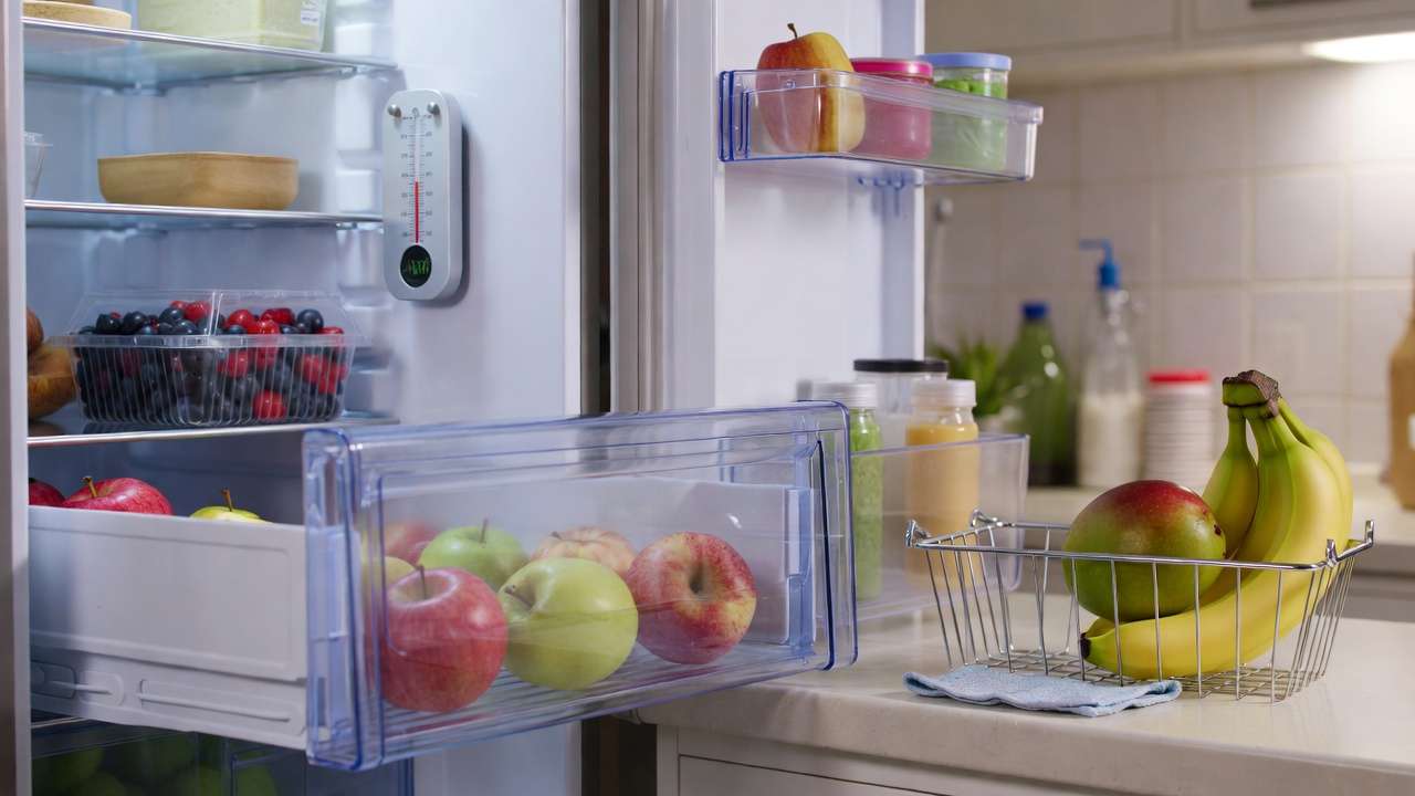 Home setup with fruits in fridge crisper for cold storage and countertop basket for cool storage