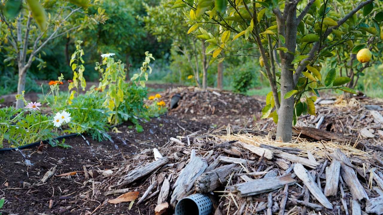 Subsurface greywater mulch basin irrigation around healthy citrus tree in permaculture garden
