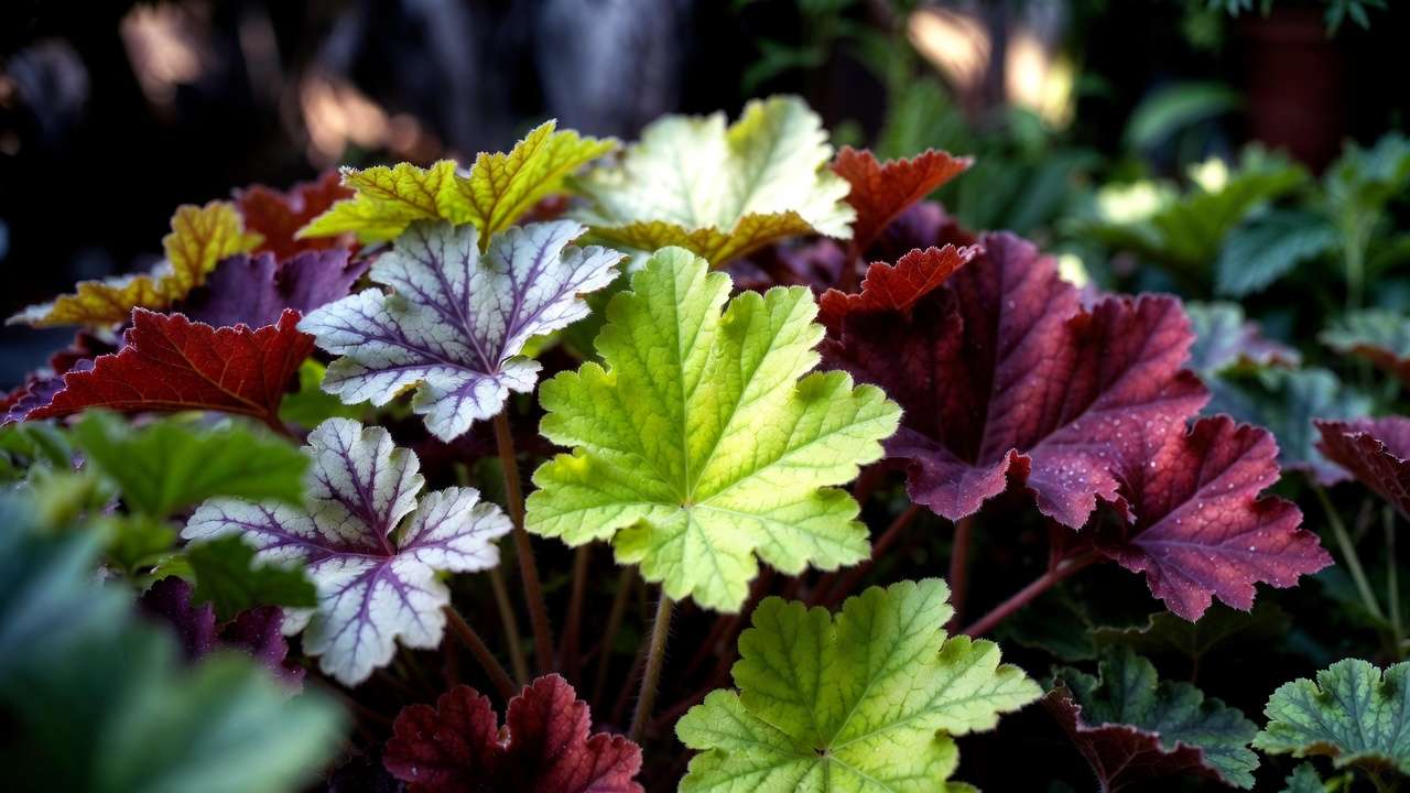 Vibrant heuchera coral bells foliage in various colors thriving in shade for urban city gardens