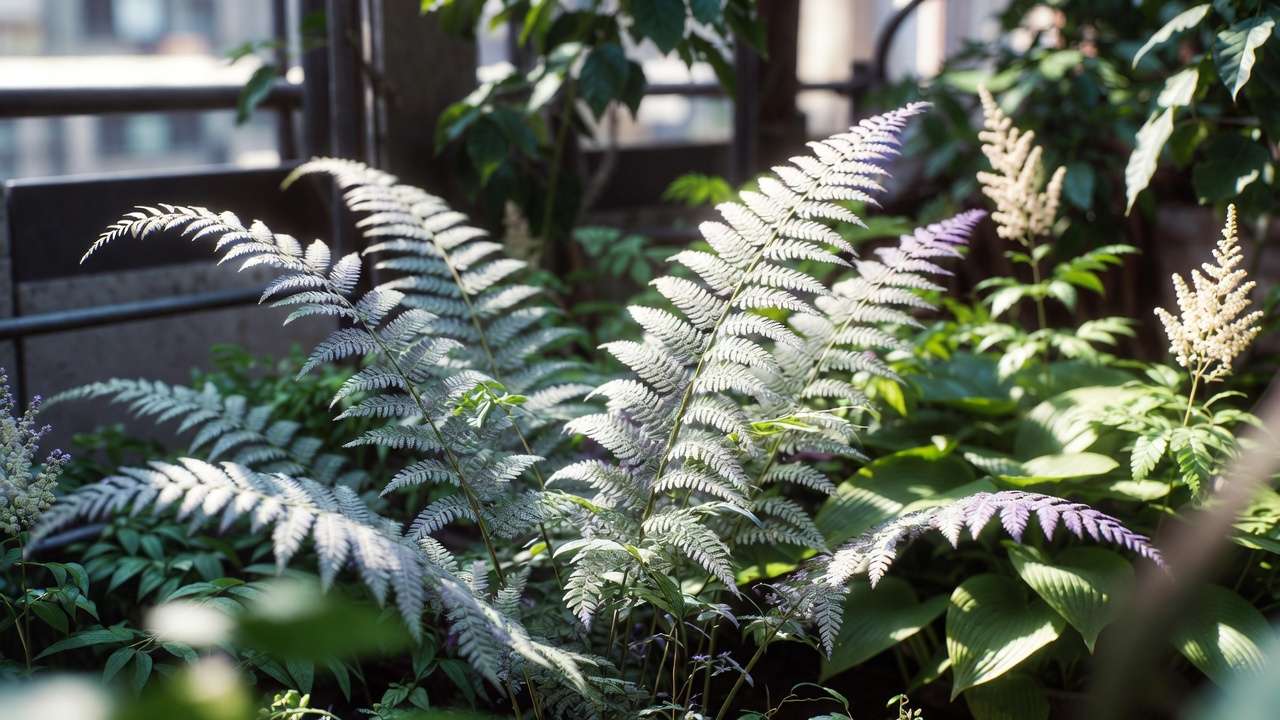 Japanese painted fern with silvery-purple fronds adding texture to shady urban patio garden with hostas