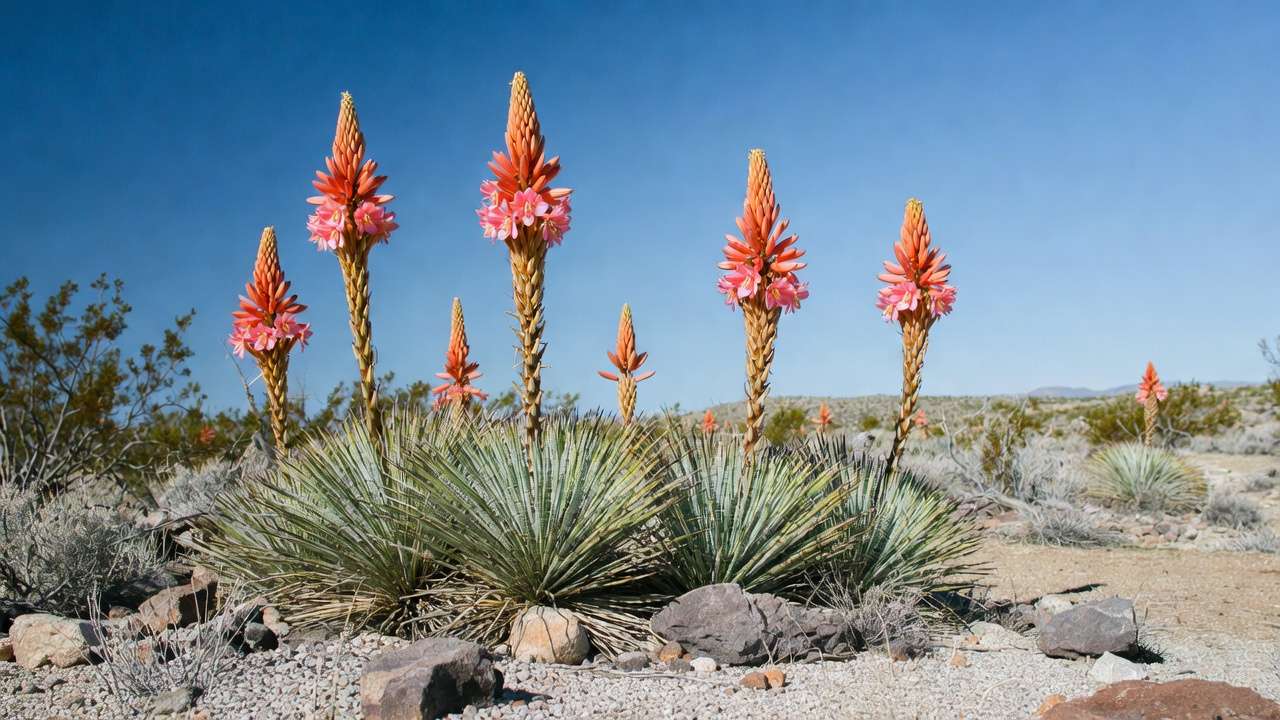 Red Yucca (Hesperaloe parviflora) blooming with coral-pink flowers in a low-water Southwestern garden