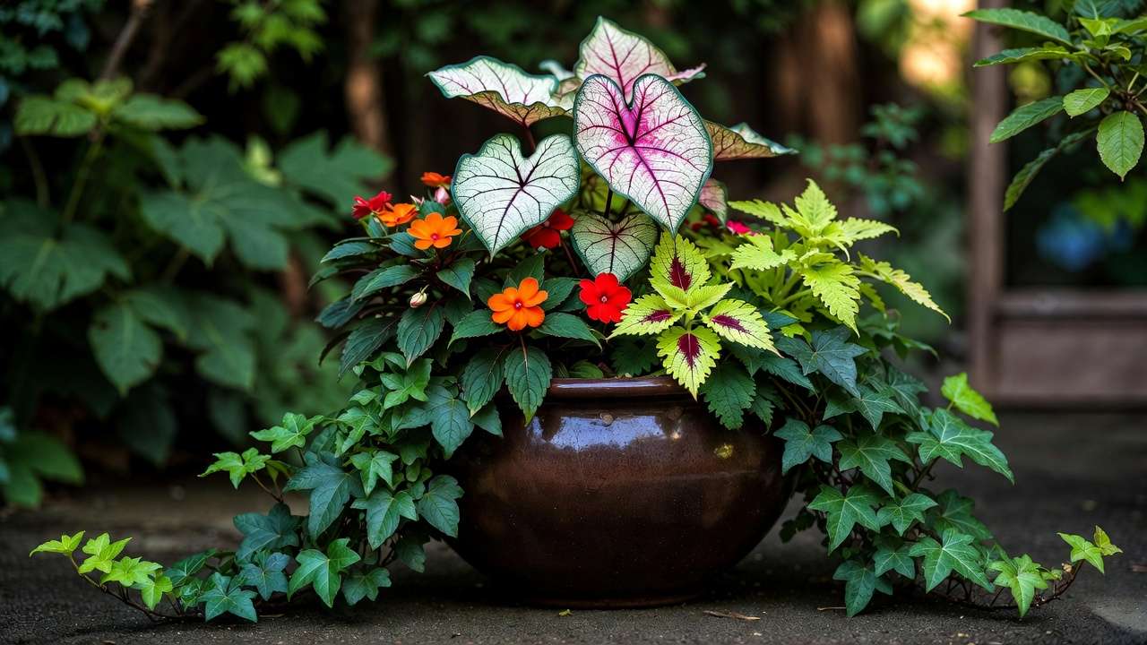 Beautiful shade thriller filler spiller pot with caladium, impatiens, coleus, and trailing ivy
