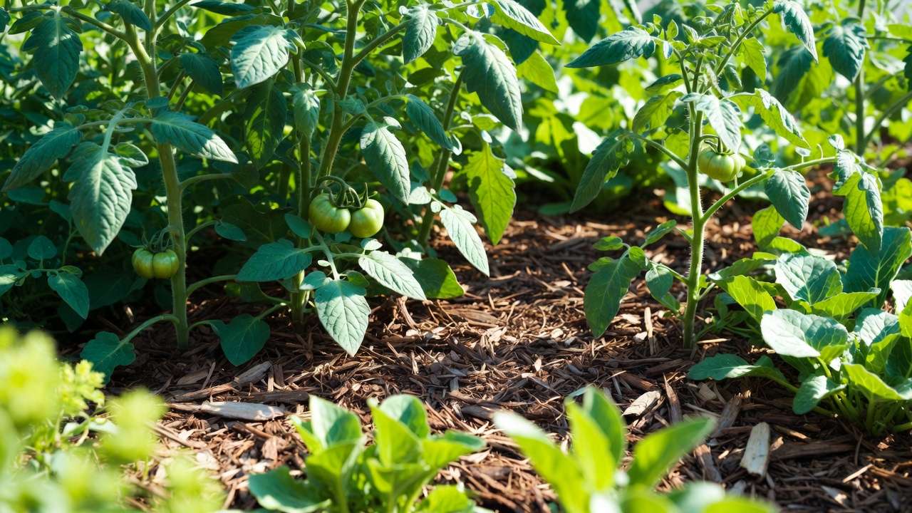Thick wood chip mulch layer conserving soil moisture around healthy vegetable and flower plants in a sunny garden bed.