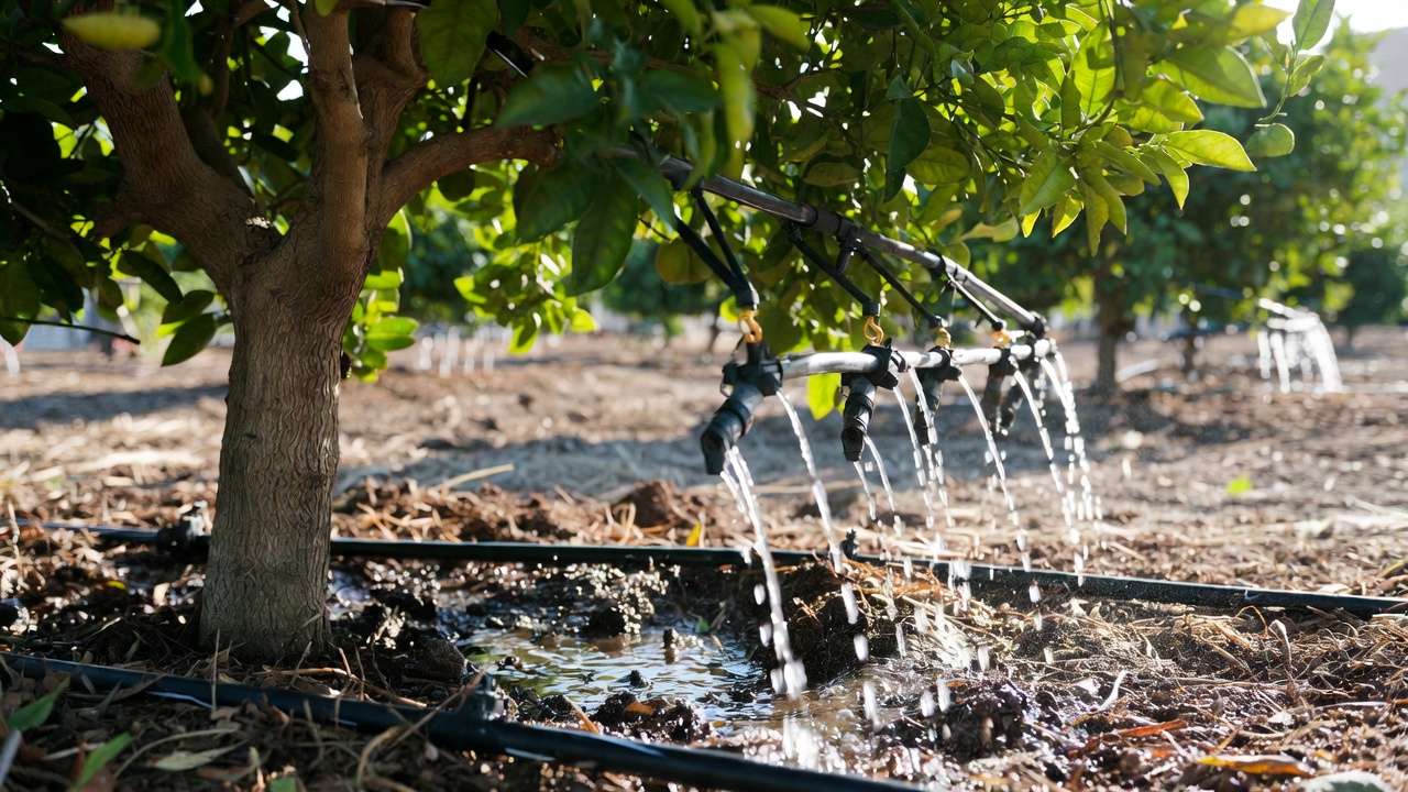 Drip irrigation watering citrus tree with mulch and basin for deep root moisture