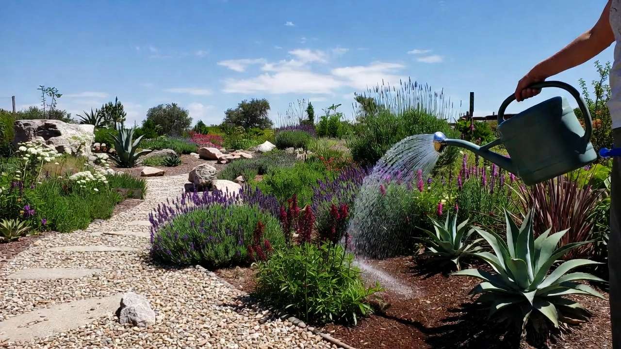 Person deep watering drought-tolerant plants like lavender and agave in a xeriscape garden for optimal root growth.