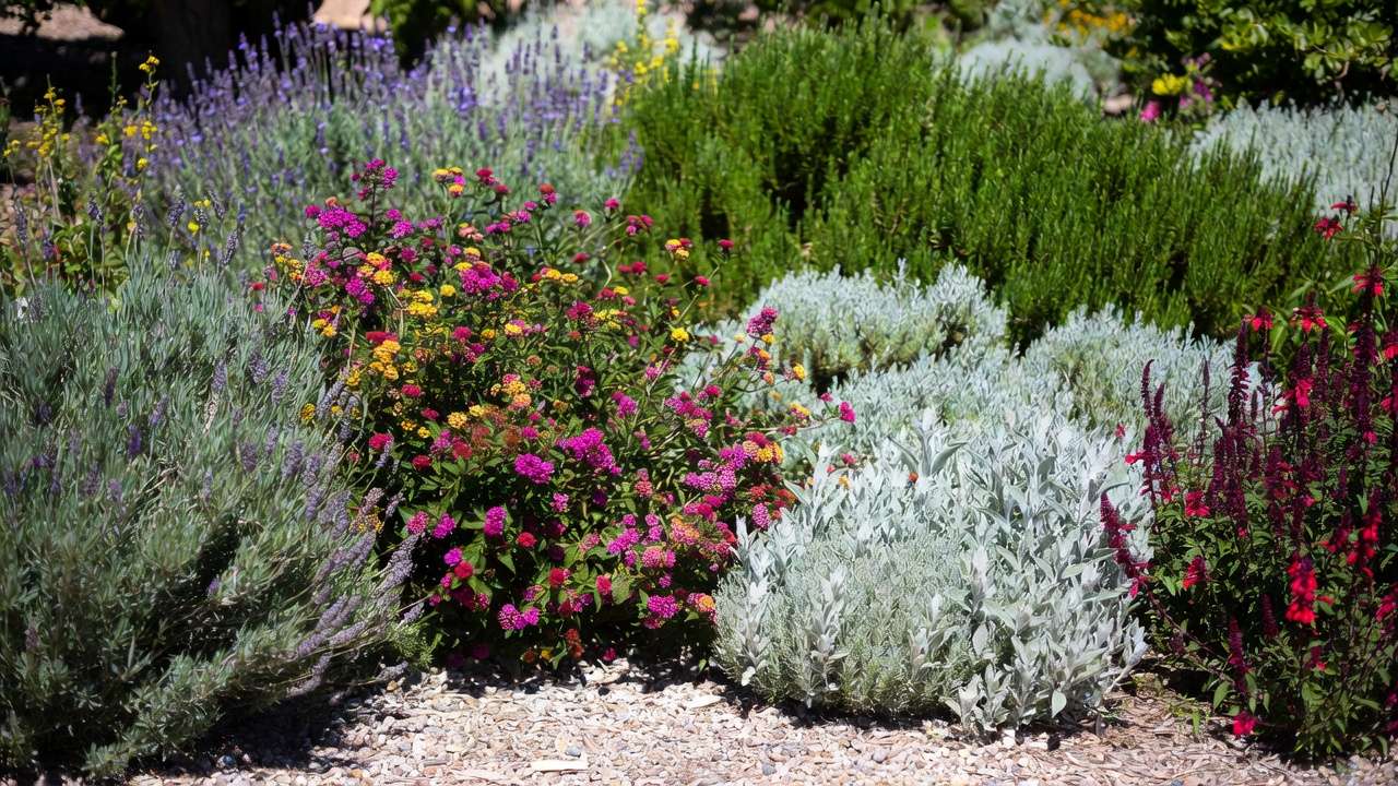Colorful collection of drought-tolerant xeric shrubs including lavender, lantana, Texas sage, and rosemary in a low-water garden bed