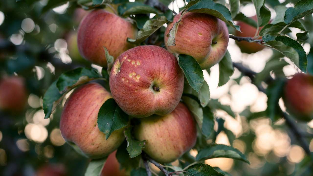 Juicy Honeycrisp apples with signature red and yellow coloring on tree