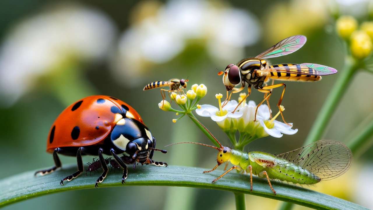 Beneficial insects like ladybugs, lacewings and hoverflies controlling pests naturally in garden