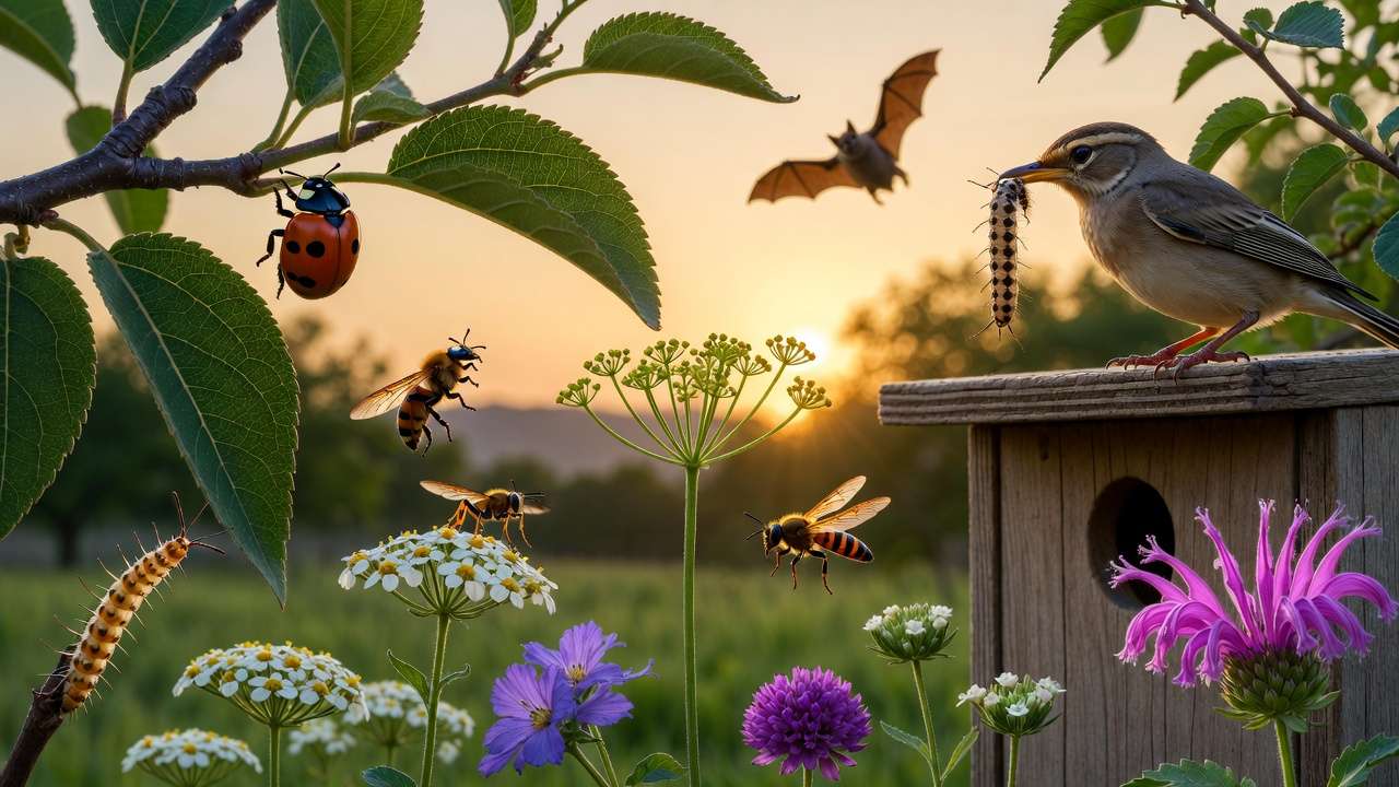 Beneficial insects and wildlife supporting biological pest control in home orchards: ladybugs, lacewings, hoverflies, parasitic wasps, birds, and bats