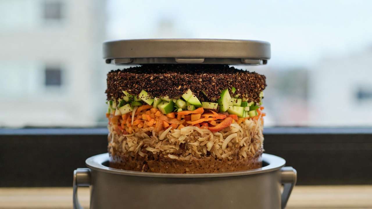 Bokashi composting bucket with layered food scraps and effective microorganisms bran in urban kitchen setting.