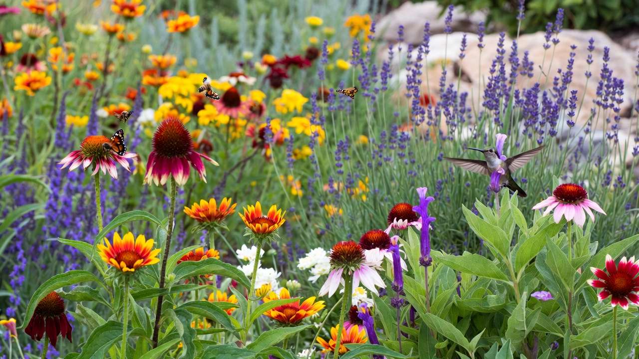Pollinator-friendly fire-resistant native plants with bees, butterflies, and hummingbirds in a beautiful safe landscape